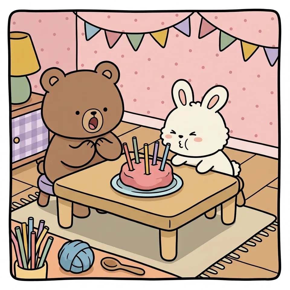 생일 색칠공부 도안 – 케이크 차리고 후 불기 · 곰이랑 토끼랑