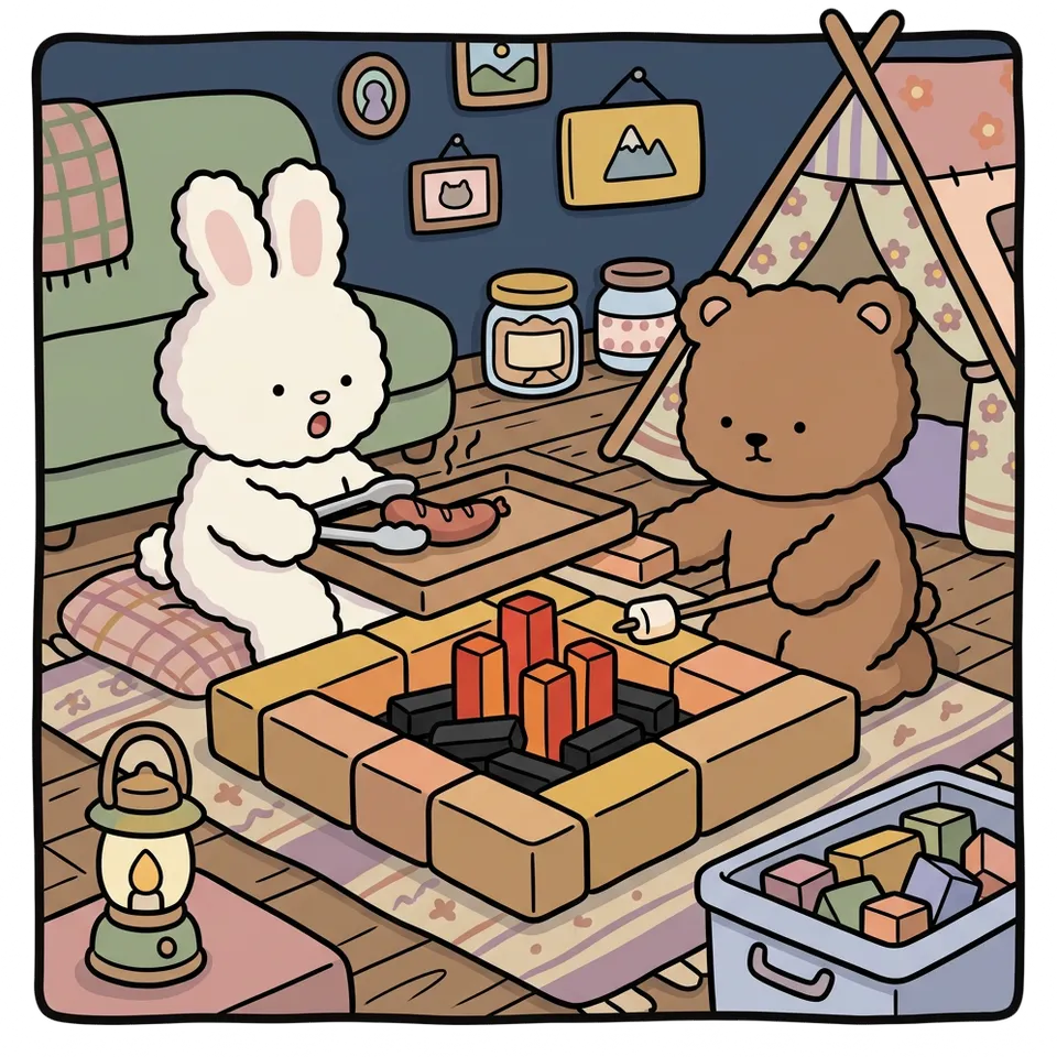 블록 색칠공부 도안 – 화로 짓고 불 피우기 · 곰이랑 토끼랑