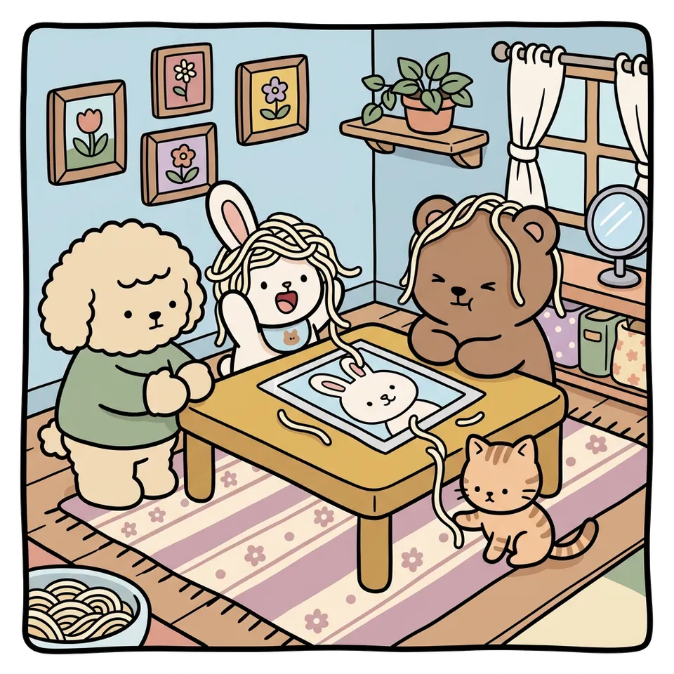 국수 색칠공부 도안 – 국수 머리카락 올리기 · 곰이랑 토끼랑