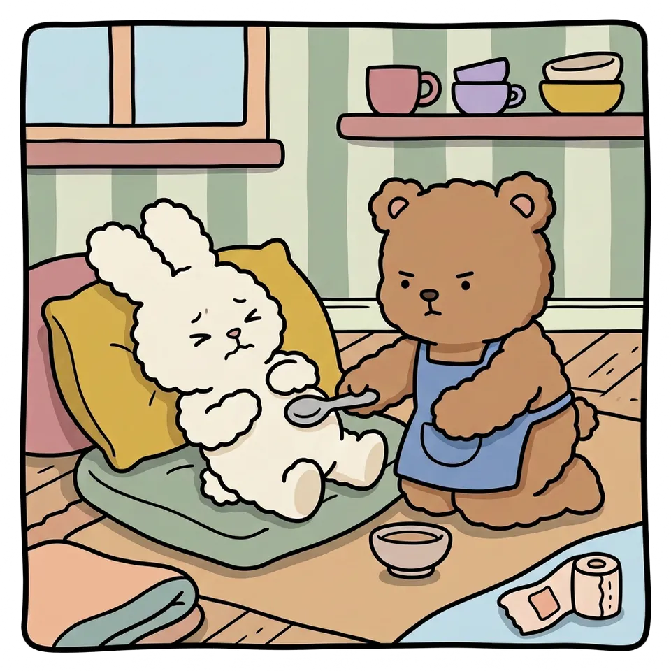 소꿉놀이 색칠공부 도안 – 아픈 데 묻고 약 주기 · 곰이랑 토끼랑