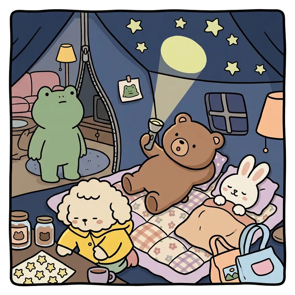 텐트 색칠공부 도안 – 불 꺼서 밤 만들기 · 곰이랑 토끼랑