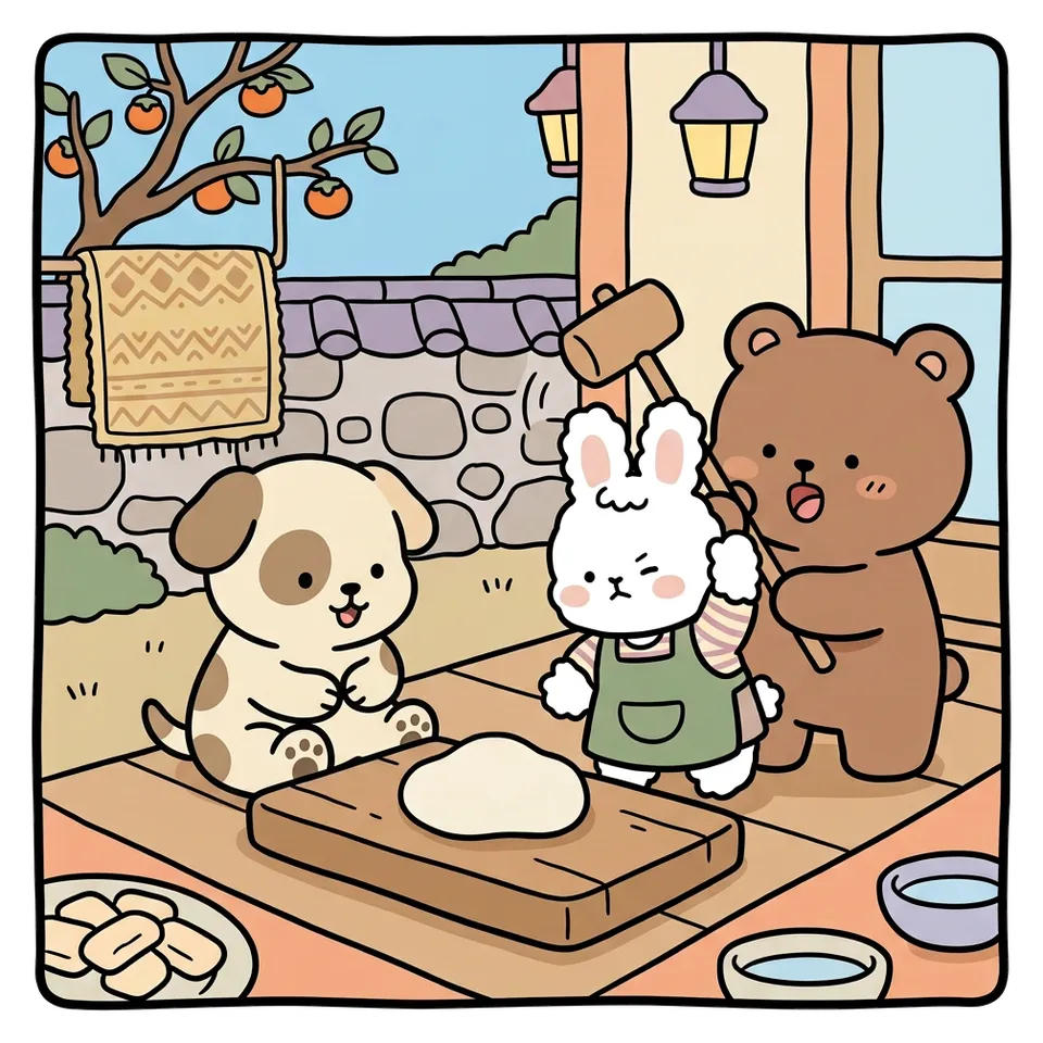 송편 색칠공부 도안 – 쿵, 떡메치기 · 곰이랑 토끼랑