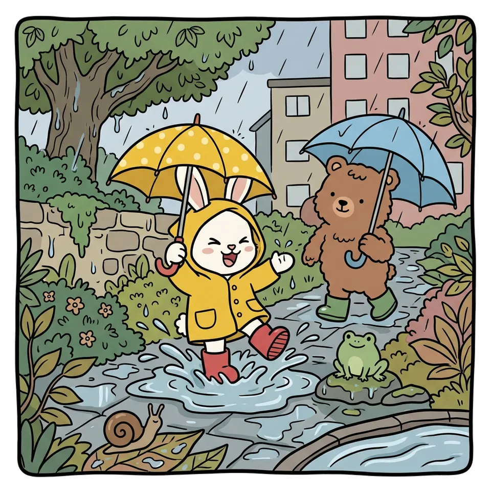 우산 색칠공부 도안 – 비 맞으러 나가기 · 곰이랑 토끼랑