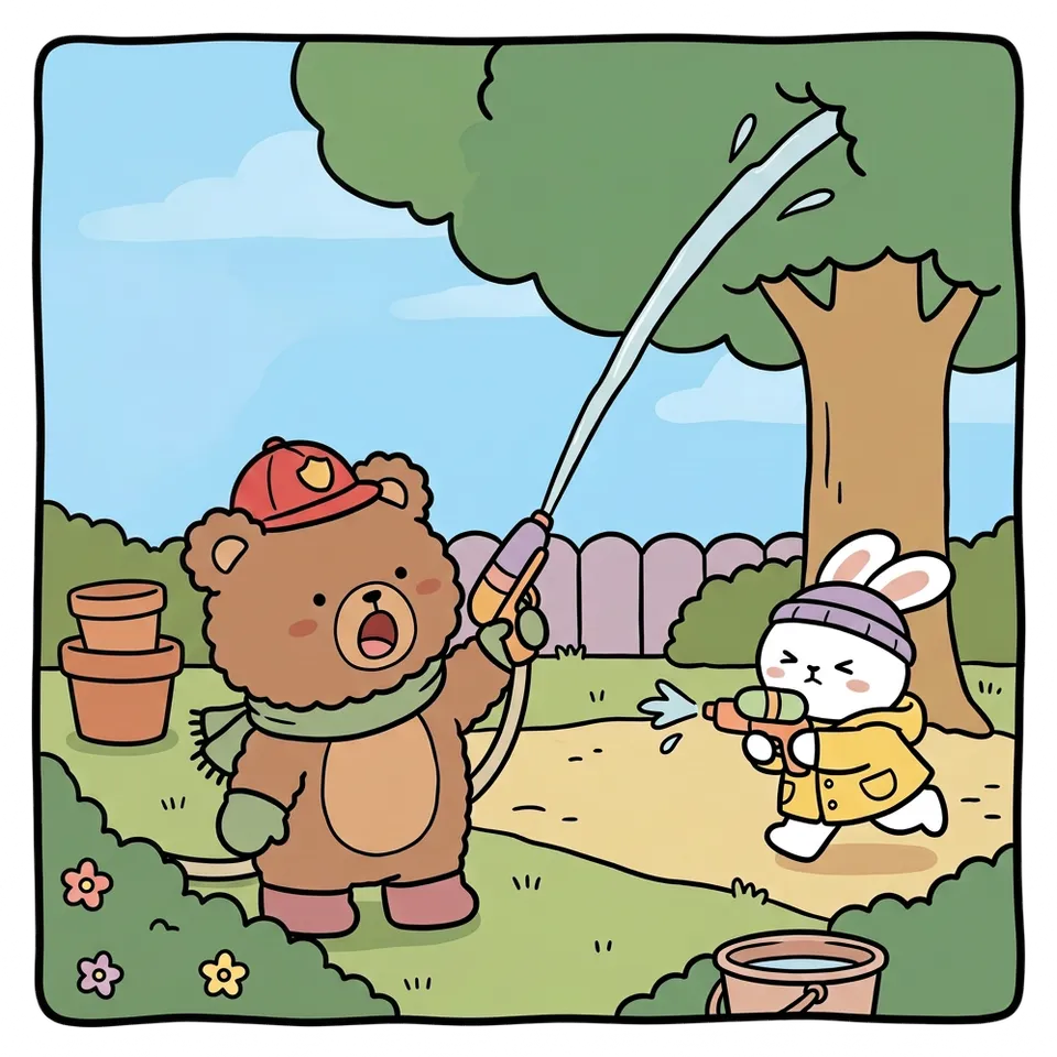 물총 색칠공부 도안 – 큰 나무 불 끄기 · 곰이랑 토끼랑