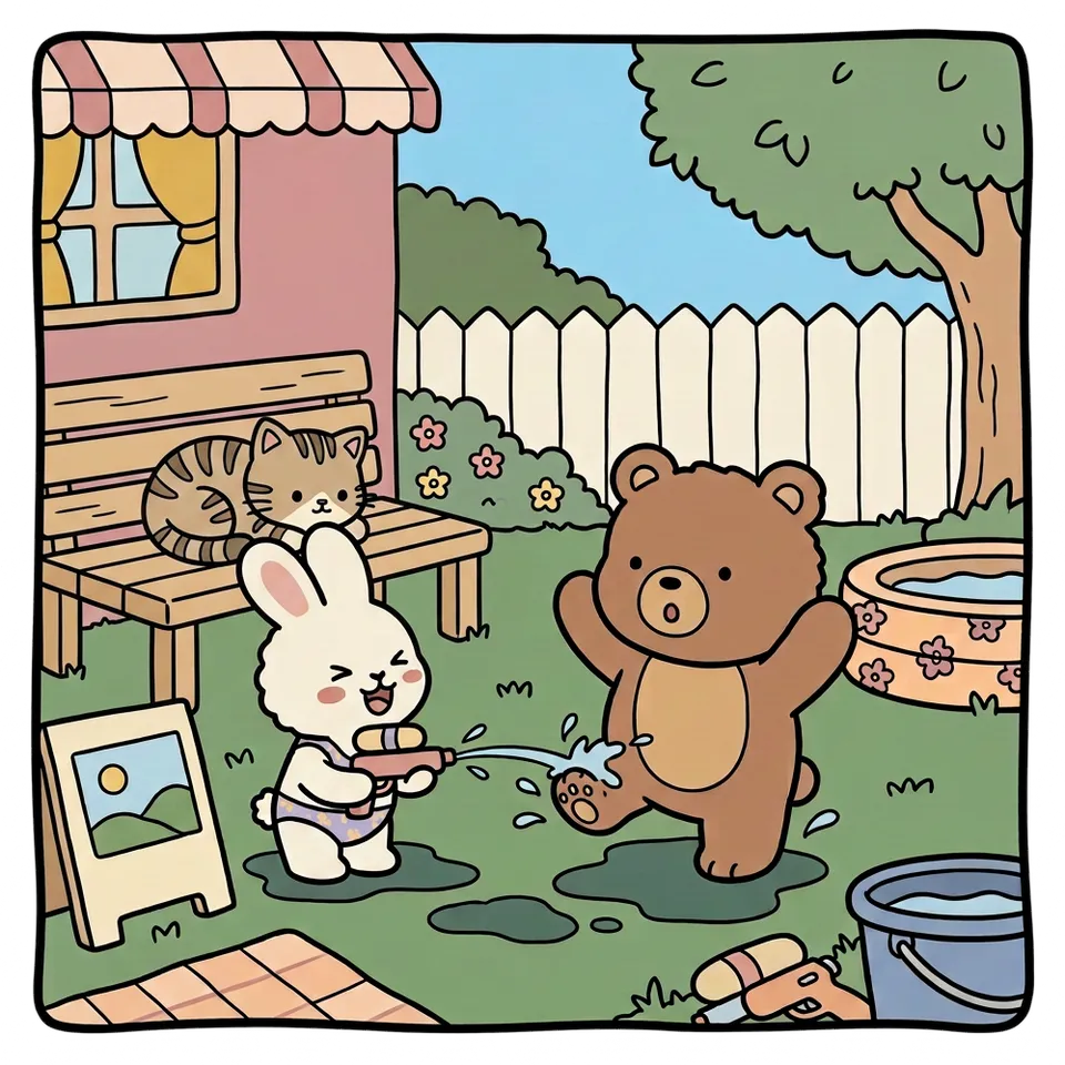 물총 색칠공부 도안 – 서로에게 쏘기 · 곰이랑 토끼랑